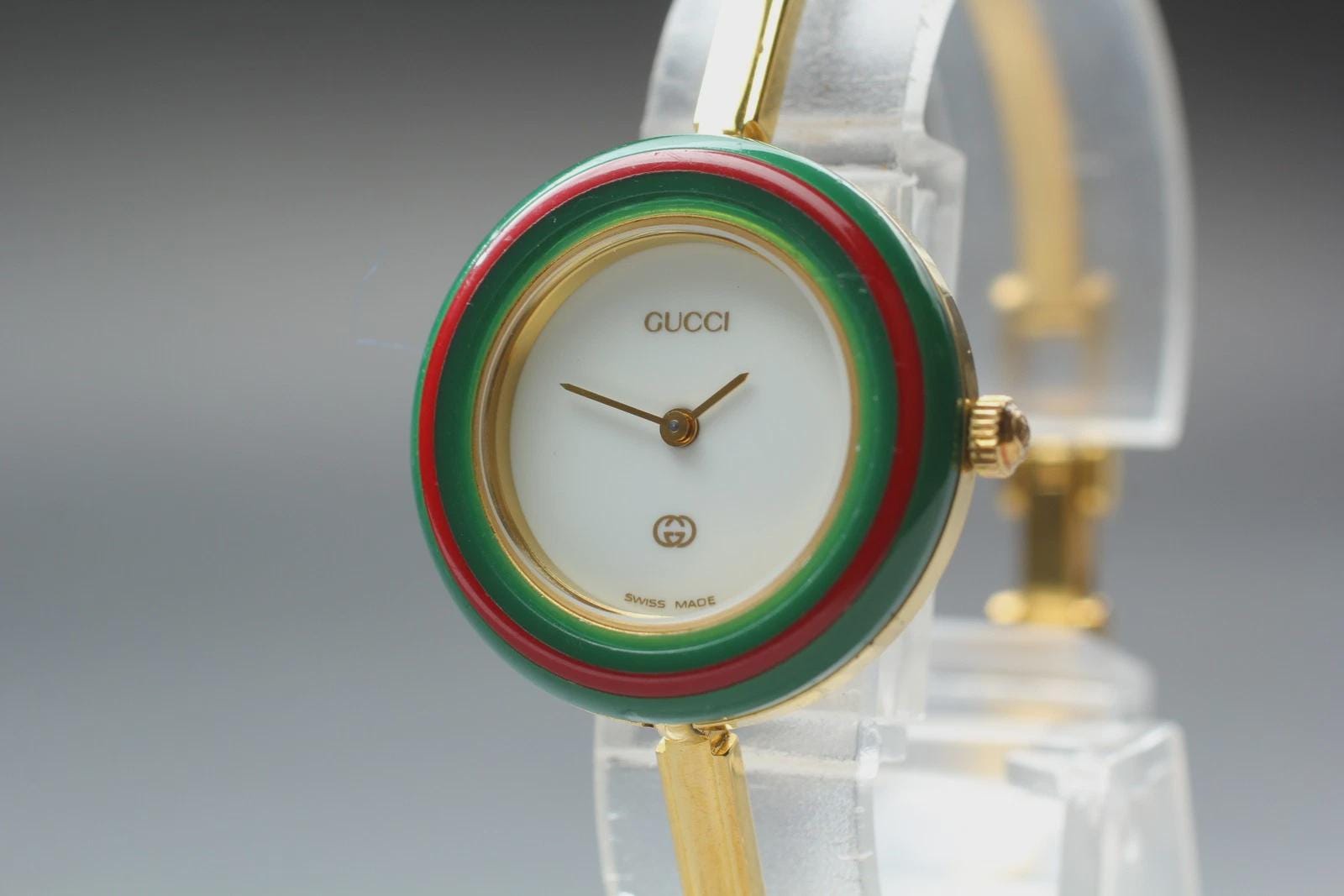 Authentic Gucci Silver Bangle Watch with Green and Red Stripe Dial Auth GUCCI VINTAGE Sterling Silver 925 and Enamel Stripes  main image 3