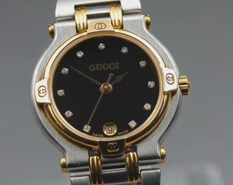Vintage GUCCI 9000L Black Dial 11P Diamond Qz 25mm Women's Vintage Watch