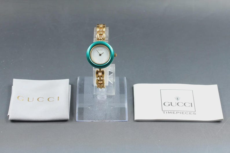 Vintage GUCCI Change Bezel 11/12.2 light Green Gold Quartz Women's Watch image 4