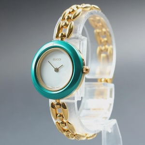 Vintage GUCCI Change Bezel 11/12.2 light Green Gold Quartz Women's Watch image 3