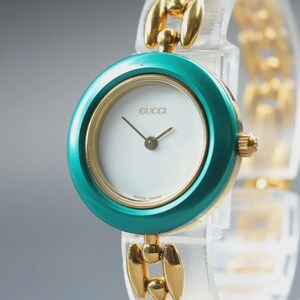 Vintage GUCCI Change Bezel 11/12.2 light Green Gold Quartz Women's Watch image 2
