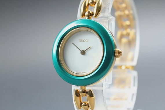 Vintage GUCCI Change Bezel 11/12.2 light Green Gold Quartz Women's Watch