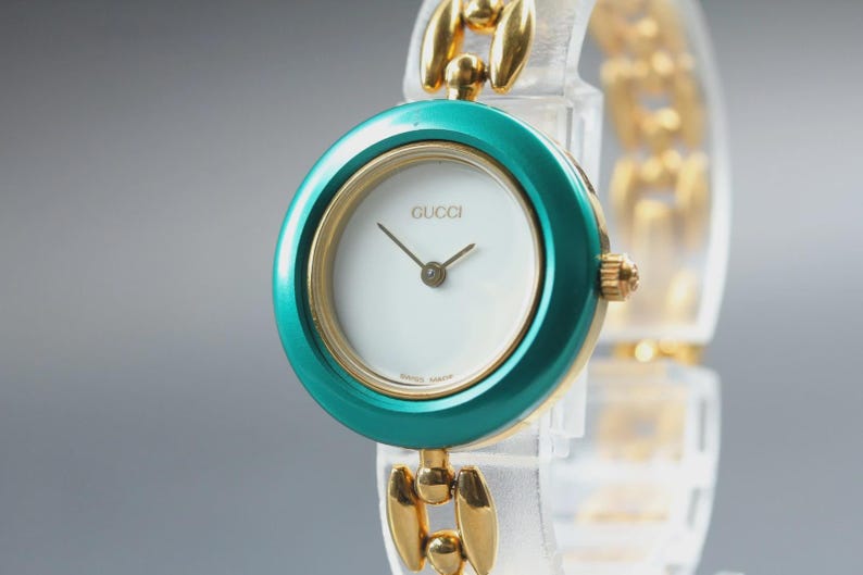 Vintage GUCCI Change Bezel 11/12.2 light Green Gold Quartz Women's Watch image 2