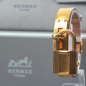 HERMES Kelly Gold Dial 20mm Brown Belt Gold Woman's Watch Box, case, paper included