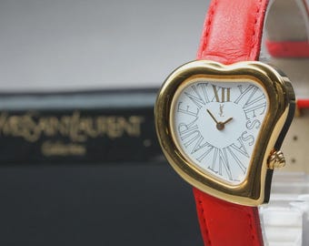 Vintage Yves Saint Laurent Heart Gold Red Women's Quartz Watch Full Set