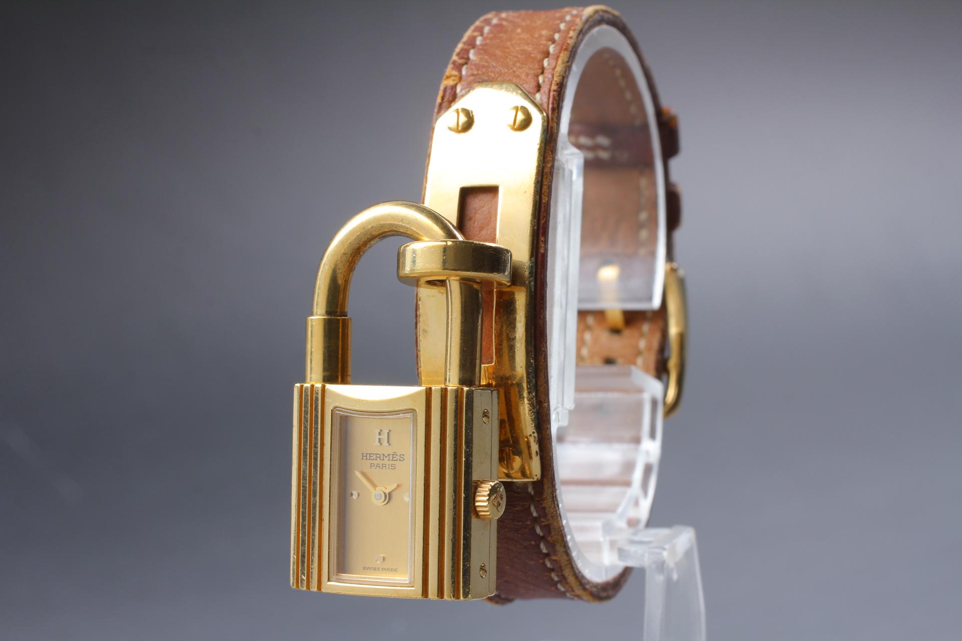 Hermes Paris gold cadena burgundy leather strap watch Authentic