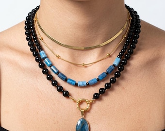 Layered Black Onyx Blue Apatite Gemstone Necklace: Coastal Crystal Choker