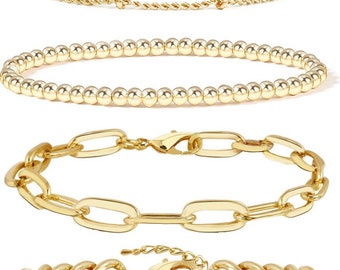 14K Gold Plated Bracelets Dainty Link Paperclip Choker Bracelet Stack Gold Small Ball Beads Bracelets Adjustable Layered fot Girl Women Gift