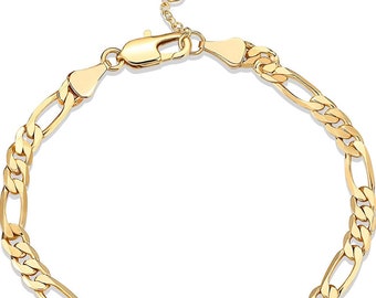 14K Gold Plated Figaro Chain Adjustable Bracelet for Women, Morhers Day, Anniversary, Gift for Her, Birthday Celebration, For Him