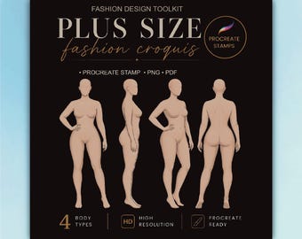 Set lichaamssjablonen plus size – 4 vormen Croquis voor mode-illustratie, ontwerptekening, voortplantingsstempels / png / pdf (digitale download)