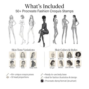 Op de afbeelding: Digitale mode croquis stempels voor Procreate. De afbeelding toont meerdere poses van vrouwelijke figuren, huidtintvariaties en haarkleur opties. Tekst bevat "What's Included" en "50+ Procreate Fashion Croquis Stamps."