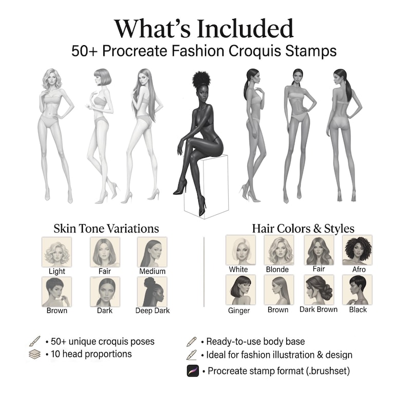 Op de afbeelding: Digitale mode croquis stempels voor Procreate. De afbeelding toont meerdere poses van vrouwelijke figuren, huidtintvariaties en haarkleur opties. Tekst bevat "What's Included" en "50+ Procreate Fashion Croquis Stamps."