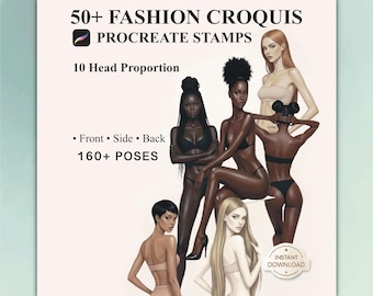 Procreate Fashion Croquis-stempels: 10 sjablonen voor het hoofd, meer dan 150 poses, digitaal tekengereedschap (digitale download)