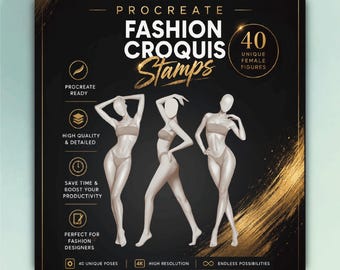 Procreate Fashion Croquis Stamps: 40 vrouwelijke figuurhoudingen, sjablonen voor digitale mode-illustraties
