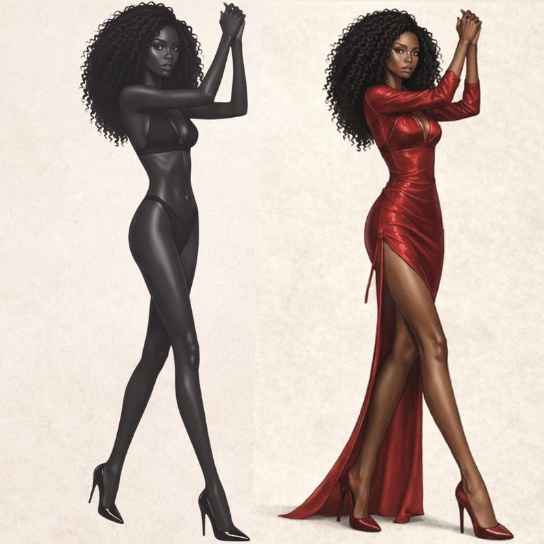 Op de afbeelding: Illustratie van een vrouw in twee poses. Links een zwart-wit afbeelding van een vrouw in een zwarte bikini en hakken. Rechts een vrouw in een rode jurk met een hoge split en bijpassende hakken. Beide afbeeldingen tonen de vrouw met krullend haar en opgeheven armen.