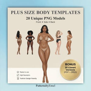Könnte beinhalten: Beige Grafik mit dem Text "PLUS SIZE BODY TEMPLATES" und "20 Unique PNG Models". Es zeigt Illustrationen von Plus-Size-Figuren in Badebekleidung. Enthält Symbole für "Ready-to-use", "High Resolution" und "Fashion Design Friendly". Ein goldener Kreis besagt "BONUS 20 Lineart Versions (PDF + JPEG)."