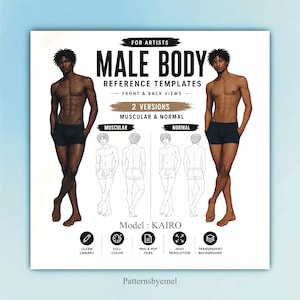 Op de afbeelding: Digitale sjabloon voor kunstenaars met mannelijke lichaamsreferenties, met voor- en achteraanzichten in gespierde en normale versies. De afbeelding bevat de tekst 'MALE BODY REFERENCE TEMPLATES' en '2 VERSIONS'. Biedt schone lijnen, PNG- en PDF-bestanden, hoge resolutie en transparante achtergrond.