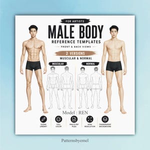 Male Fashion Croquis | Male Body Reference Bundle | Muscular, Normal Anatomy Templates, PNG & PDF, Front and Back Views (Digital Download)