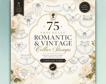 75 romantische vintage kraagstempels voor procreate: kanten kraagborstelset, mode-illustratieborstels, Victoriaanse kraag, png (digitale download)