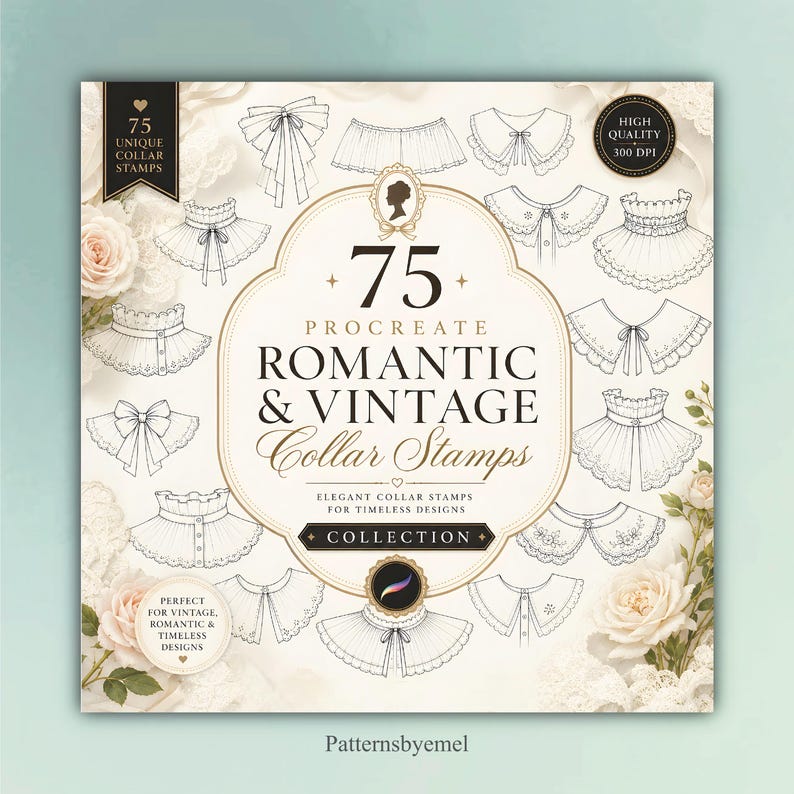 May include: A digital collection of 75 Procreate collar stamps featuring various black and white line art designs of collars. The central text reads 75 PROCREATE ROMANTIC & VINTAGE Collar Stamps COLLECTION. The background includes pale roses.