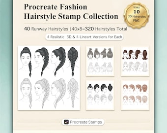 Procreate Fashion Hairstyle Stamps – 40 landingsbaan knot, paardenstaart, vlechten (digitale download)