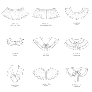 May include: A black and white technical illustration displaying fifteen distinct collar styles, including ruffle crew, off-shoulder, sailor, Peter Pan, and jabot designs. Each collar is labeled with its specific name in clear, sans-serif text.