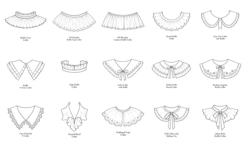 May include: A black and white technical illustration displaying fifteen distinct collar styles, including ruffle crew, off-shoulder, sailor, Peter Pan, and jabot designs. Each collar is labeled with its specific name in clear, sans-serif text.