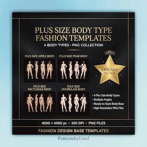 Puede incluir: Gráfico negro y dorado con el texto "PLUS SIZE BODY TYPE FASHION TEMPLATES" e ilustraciones de cuatro tipos de cuerpo: manzana, pera, rectángulo y reloj de arena. Incluye el texto "LINEART PNG FILES" y "4000 x 4000 px".
