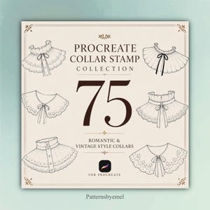 Op de afbeelding: Een digitale collectie van 75 Procreate kraagstempels met diverse zwart-wit lijntekeningen van decoratieve kragen met ruches, kant en linten. De tekst luidt Procreate Collar Stamp Collection 75 Romantic & Vintage Style Collars For Procreate en Patternsbyemel.