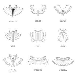 May include: A collection of fifteen black and white line art illustrations depicting various collar styles, including ruffle stand, pleated cape, square neck, embroidered sailor, smocked high, eyelet lace, Victorian, pin tuck, bow tie, and V-neck.