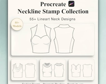 Neklijnstempels voortplanten: 55+ Lineart Fashion Design-penselen, voor- en achterkant (digitale download)