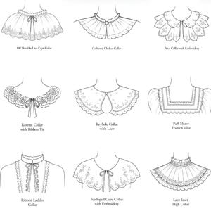 May include: A black and white illustration featuring fifteen distinct collar styles, including Pleated Cape, Off Shoulder Lace, Gathered Choker, Petal with Embroidery, Double Layer Frill, Victorian Lace, Rosetta, Keyhole, Puff Sleeve, Draped Cowl, Victorian Pleated Yoke, Ribbon Ladder, Scalloped Cape, Lace Inset High, and Waterfall Jabot.