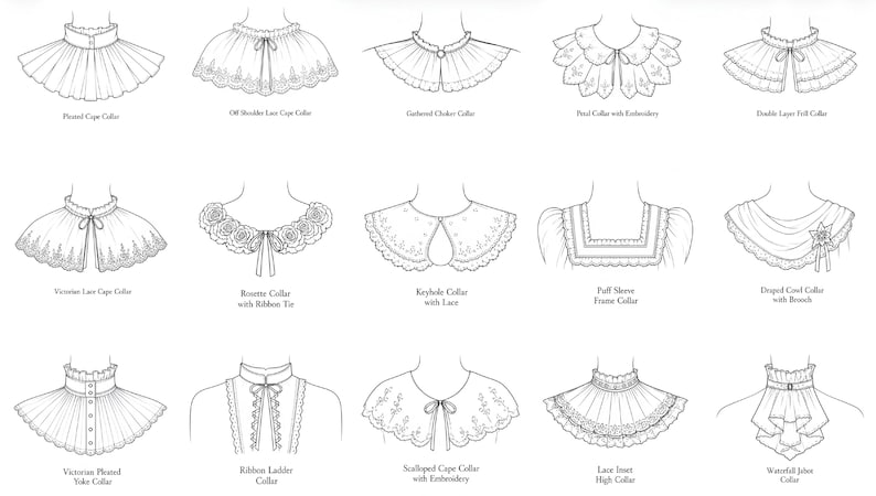 May include: A black and white illustration featuring fifteen distinct collar styles, including Pleated Cape, Off Shoulder Lace, Gathered Choker, Petal with Embroidery, Double Layer Frill, Victorian Lace, Rosetta, Keyhole, Puff Sleeve, Draped Cowl, Victorian Pleated Yoke, Ribbon Ladder, Scalloped Cape, Lace Inset High, and Waterfall Jabot.