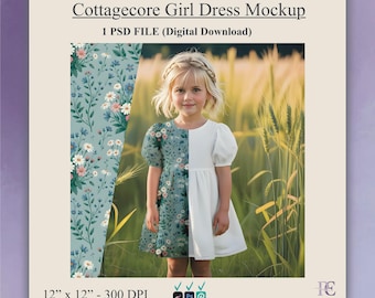 Mockup van cottagecore-meisjesjurk: PSD-sjabloon voor stofontwerp (digitale download)