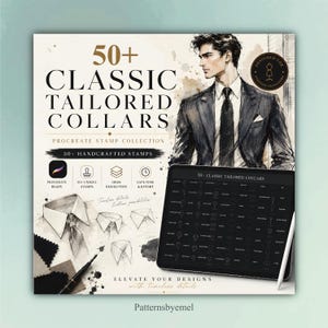 Op de afbeelding: Een digitale productadvertentie voor een Procreate-stempelcollectie getiteld 50+ Classic Tailored Collars. De afbeelding bevat een schets van een persoon in een pak, diverse kraagillustraties, een tablet met pictogrammen en tekst.
