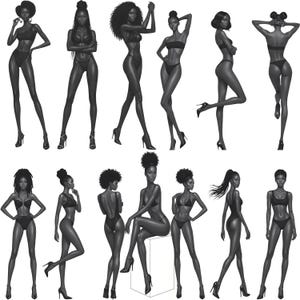 Op de afbeelding: Grijstinten illustraties van slanke figuren in badkleding en hoge hakken. De figuren staan in verschillende poses, met verschillende kapsels en lichaamstypes. De afbeelding benadrukt mode en stijl, met elegante poses.