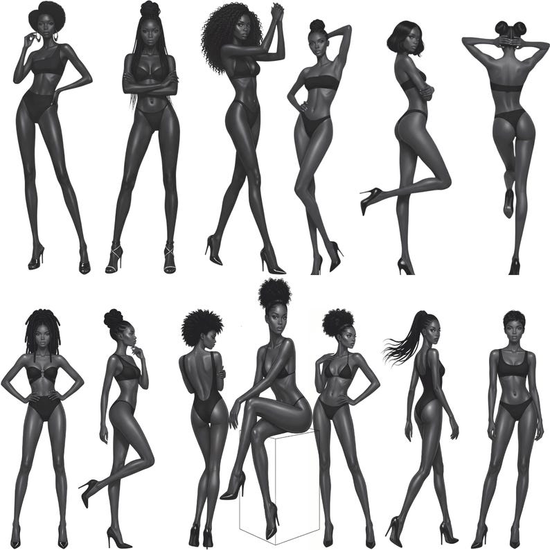 Op de afbeelding: Grijstinten illustraties van slanke figuren in badkleding en hoge hakken. De figuren staan in verschillende poses, met verschillende kapsels en lichaamstypes. De afbeelding benadrukt mode en stijl, met elegante poses.