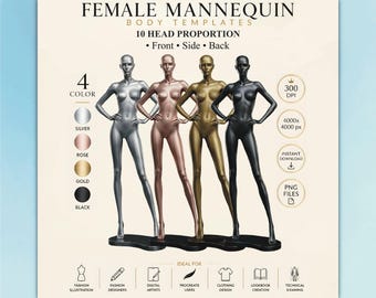 Sjablonen vrouwelijk lichaam – 4 damesetalagepop Croquis png-pakket voor mode-illustratie, sjablonen modefiguur voortplanten (digitale download)