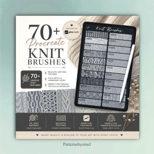 Könnte beinhalten: Eine digitale Produktanzeige für 70+ Procreate Strickpinsel mit einem Tablet-Bildschirm, der verschiedene Graustufen-Stricktexturen zeigt, einem weißen Eingabestift und Textüberlagerungen, die die Funktionen des Pinselsets beschreiben.