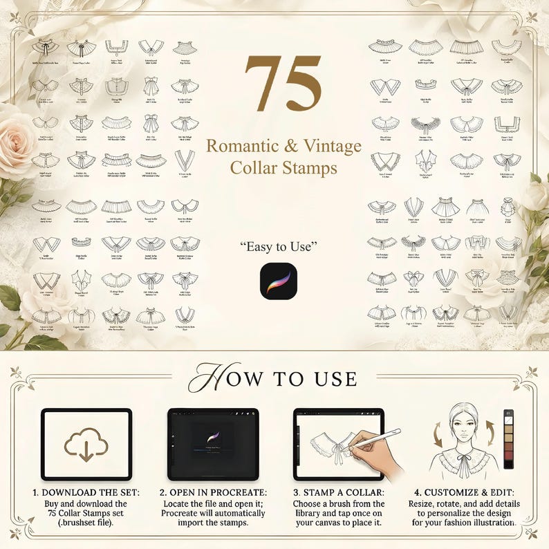 May include: A digital collection of 75 collar stamps featuring various line-art designs. The image includes the text 75 Romantic & Vintage Collar Stamps, Easy to Use, and a How to Use guide with four steps showing a tablet, stylus, and collar illustration.