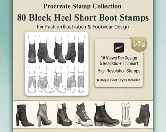 Korte laarzen Procreate Stamps – 80 laarsontwerpen, elk 10 weergaven, realistisch en lineair (digitale download)