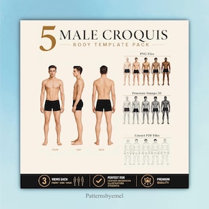 Könnte beinhalten: Beige Grafik mit dem Text "5 MALE CROQUIS BODY TEMPLATE PACK". Das Bild zeigt männliche Körpervorlagen in Vorder-, Seiten- und Rückansicht sowie PNG-, Procreate Stamps 3D- und Lineart-PDF-Dateien. Der Text "Patternsbyemel" befindet sich unten.
