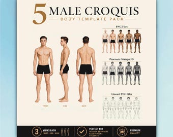 Sjablonen mannelijk lichaam – 5 realistische mannelijke croquis-houdingen voor mode-illustratie, postzegels voortplanten, png pdf jpg figuurpakket (digitale download)