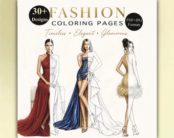 Modekleurplaten: 30+ elegante-glamoureuze-tijdloze stijlen, mode-illustratieontwerpen, pdf en jpg (digitale download)