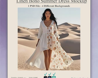 Mockup boho linnen midi-jurk: vloeiende damesjurk PSD, presentatie modekleding ((digitale download)