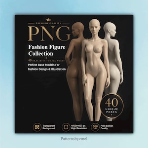 May include: A digital graphic featuring three female fashion figures in neutral tones. The image includes the text "PNG Fashion Figure Collection" and details about poses, resolution, and background transparency. The figures are posed in various positions.