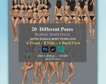 Sjablonen voor vrouwenfiguren: 20 realistische poses voor mode-illustraties door model SERA (digitale download)