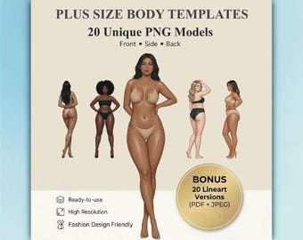 Croquis-sjablonen voor grote maten: 20 vrouwelijke lichaamshoudingen, tekenset voor curvy figuren, modeontwerpschetsen (digitale download)