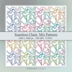 May include: Eight seamless chain mix patterns in shades of blue, green, pink, and gold, set against a white backdrop. The image features the text "Seamless Chain Mix Patterns" and "3000 x 3000 px - 300 DPI - 8 PNG".