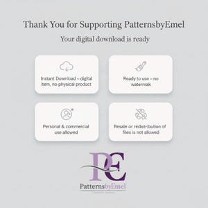 Op de afbeelding: Een digitale downloadafbeelding met de tekst "Thank You for Supporting PatternsbyEmel". De afbeelding bevat vier informatievakken met tekst over het digitale product, waaronder "Direct downloaden", "Klaar voor gebruik" en gebruiksrechten.